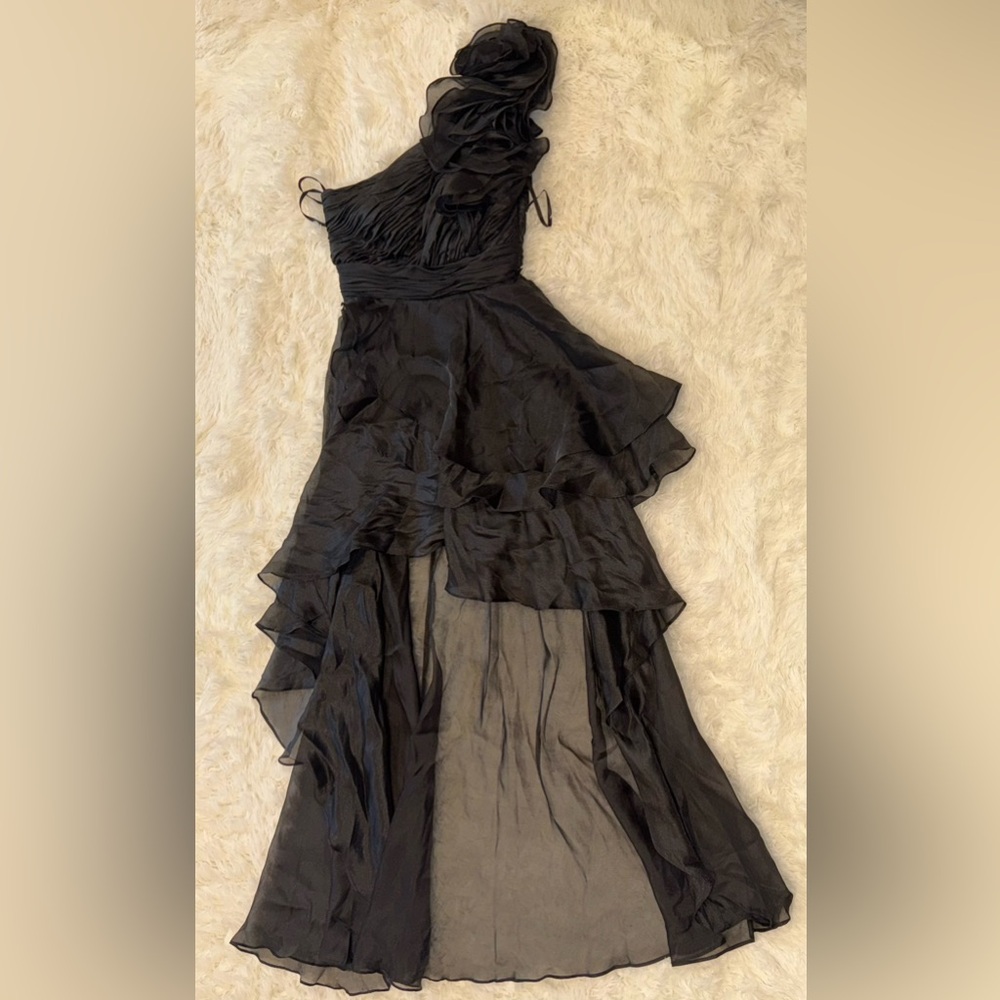NWOT MAC DUGGAL one shoulder ruffle HI-LO Black Dress sz 6 GOWN - Picture 3 of 7